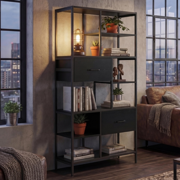 Regal HWC-P11, Regalschrank Bücherregal Standregal, Schubladen Industrial MDF Metall Melamin 150 x 81 x 33 cm ~ schwarz