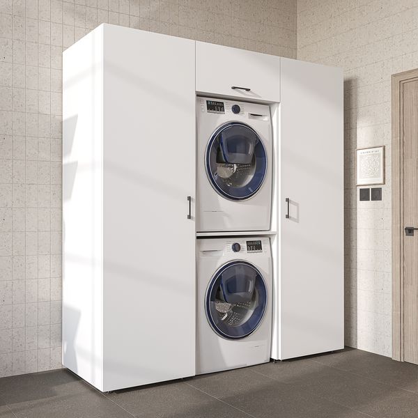 Roomart DUO-I Schrankwand 187 cm – Waschmaschine & Trockner übereinander & Hochschrank | • Weiß