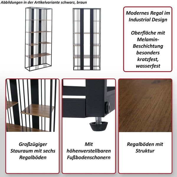 Regal HWC-P12, Bücherschrank Hochschrank, Industrial Metall Melamin MVG-zertifiziert 180x80x31cm ~ schwarz, dunkelbraun Bild 2