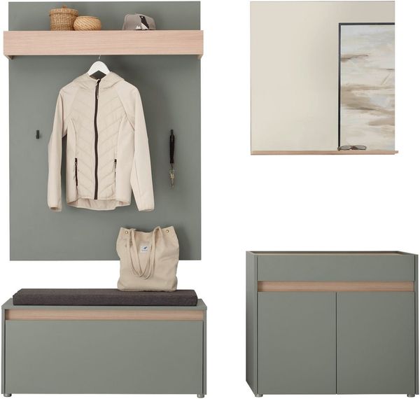 Home affaire Garderoben-Set GIRON/CiTY, moderne Garderobe, Komplettset mit viel Stauraum, (Komplett-Set, 4-St), enthält Kommode, Spiegel, Paneel & Schuhbank +Sitzkissen, 190 cm breit