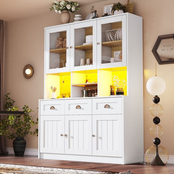 Küchenschrank(140×40×175cm), Hochschrank Küchenbuffet, Vitrinenschrank, Buffetschrank mit Verstellbaren Ablagen, Sideboard mit LED-Beleuchtung,Variable Lichtfarben, Weiß/Schwarz