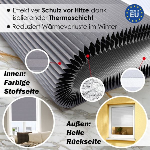 DomDeco Wabenplissee Thermo Plissee ohne Bohren - Hitzeschutz, Verdunkelung, verspannt, abdunkelnd, Klemmfix, stufenlos, kälteschutz, modernes Fensterplissee