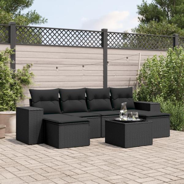 vidaXL 7-tlg. Garten-Sofagarnitur mit Kissen Schwarz Poly Rattan 3222924