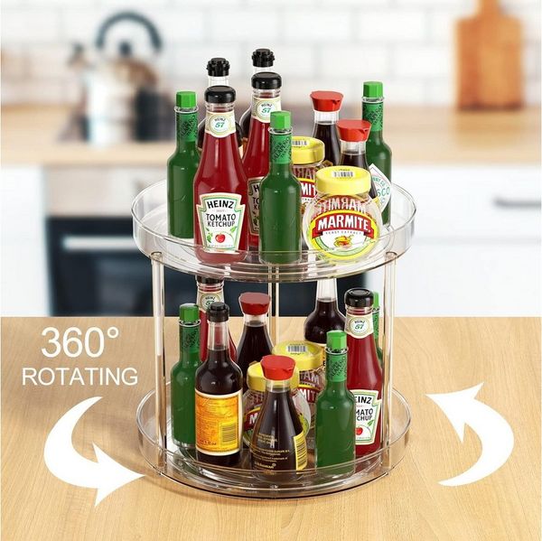 Refined Living Gewürzregal 360° Drehbar 2-Etagen, Drehteller Organizer 2 Etagen-Diameter 27CM, Doppelstöckiger Drehteller, Make Up Organizer, Aus verstärktem transparentem PET gefertigt, Multifunktionaler Organizer,Rund Gewürzregal Drehbar 2-tlg, für K...