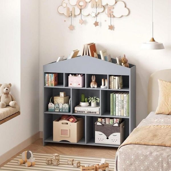 GarveeMore Kinderregal Kinder Bücherregal mit 9 Ablagefächern Puppenhaus Bücherregal