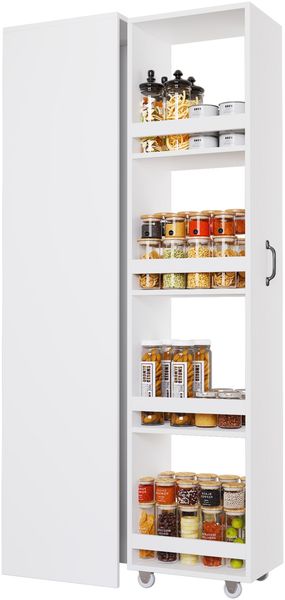 Flieks Schmales Aufbewahrungsregal 40 x 30 x 160.5 cm mit Rollen, Standregal mit Schutzleisten & Boxen für Küche, Bad & Büro, Weiß