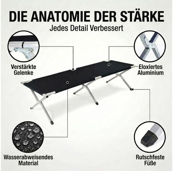 Goods+Gadgets Feldbett Faltbares Army-Bett (Campingbett, Klappbett) Gästebett aus Aluminium Bild 4