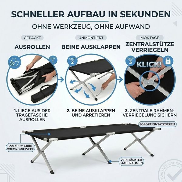 Goods+Gadgets Feldbett Faltbares Army-Bett (Campingbett, Klappbett) Gästebett aus Aluminium Bild 2