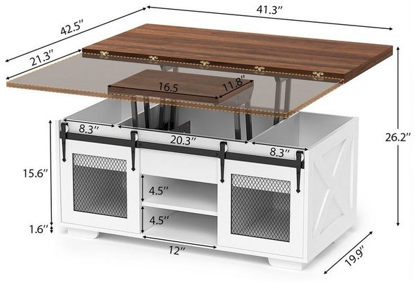 VOWNER Couchtisch mit klappbarer Tischplatte, Höhenverstellung & Stauraum (1-St), 3-in-1-Multifunktions-Wohnzimmertisch