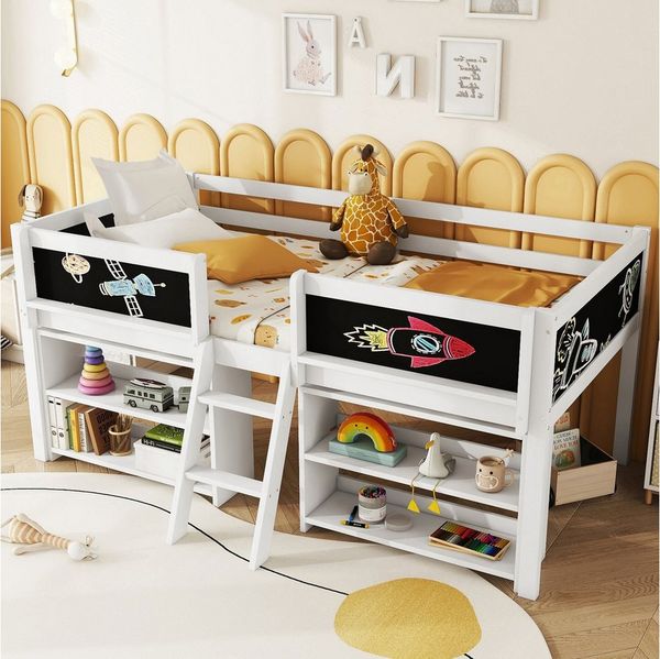 REDOM Kinderbett Stauraumbett, Einzelbett, Funktionsbett (Halbhohes Bett, Kiefernholz mit Aufbewahrungsfächern, Sicherheitsgeländer & Stufenleiter, 90x200 cm), ohne Matratze