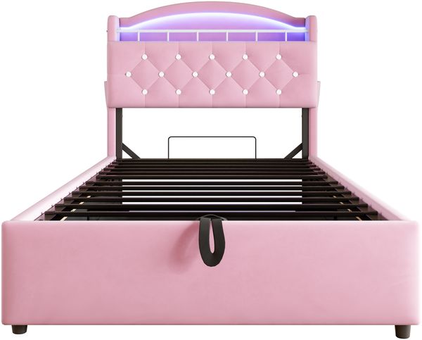 Kinderbett 90x200 cm mit LED-Licht, USB-Type-C-Anschluss & Stauraum – Samt Polsterbett mit Gasdrucksystem,Rosa,inklusive Schaummatratze Bild 9
