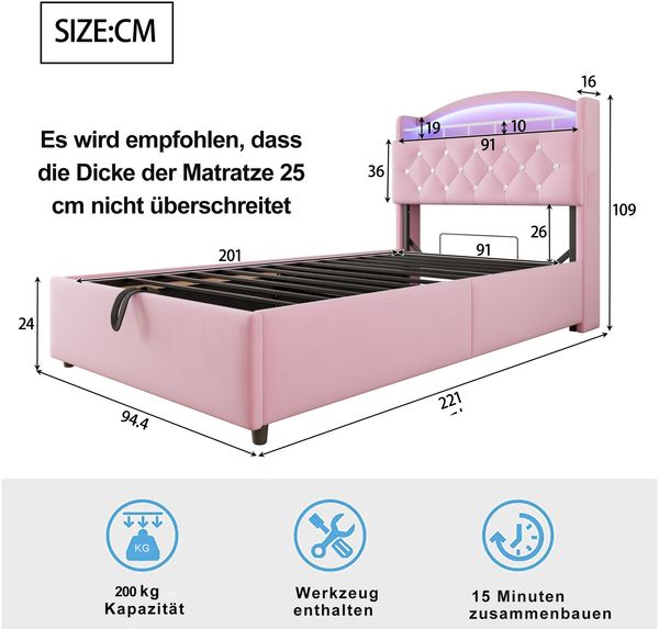 Kinderbett 90x200 cm mit LED-Licht, USB-Type-C-Anschluss & Stauraum – Samt Polsterbett mit Gasdrucksystem,Rosa,inklusive Schaummatratze Bild 6
