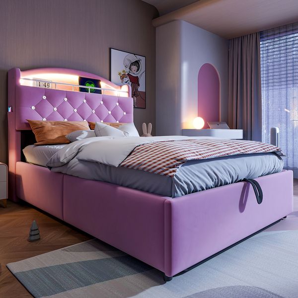 Kinderbett 90x200 cm mit LED-Licht, USB-Type-C-Anschluss & Stauraum – Samt Polsterbett mit Gasdrucksystem,Rosa,inklusive Schaummatratze