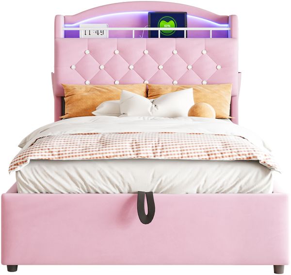 Kinderbett 90x200 cm mit LED-Licht, USB-Type-C-Anschluss & Stauraum – Samt Polsterbett mit Gasdrucksystem,Rosa,inklusive Schaummatratze Bild 8