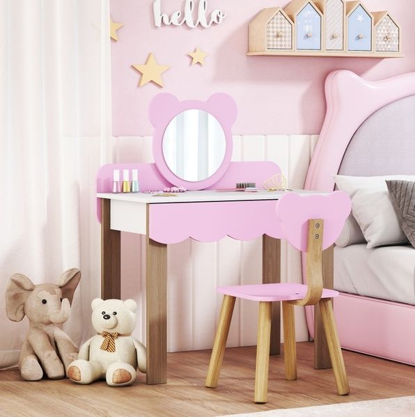 Kinderschminktisch-Set 68 x 35 x 86 cm mit Hocker, Acrylspiegel, Schublade, rosa