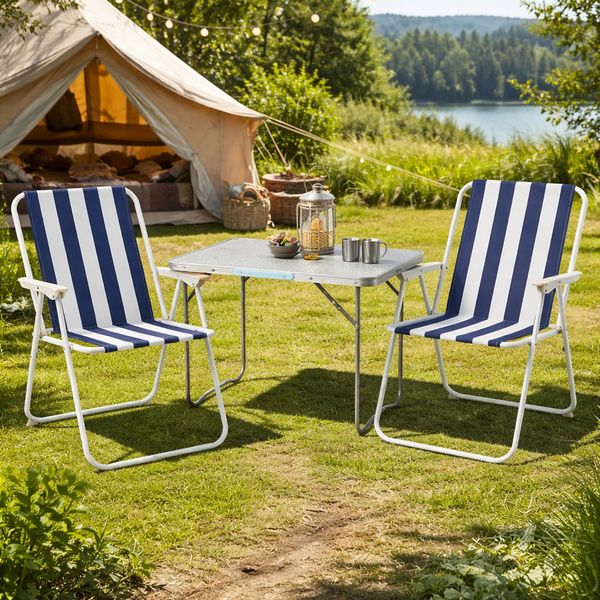 3-teiliges Campingmöbel Set Alu L70xB50xH59cm Blau-weiß gestreift