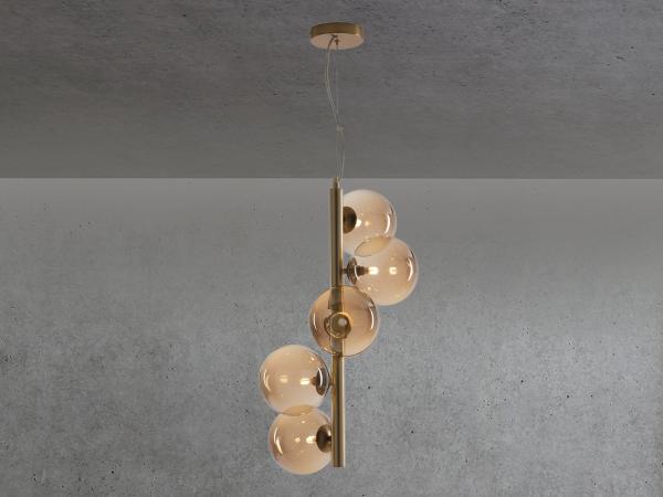 LED Pendelleuchte Messing & Glaskugeln Amber, 5 flammig bis 183cm lang