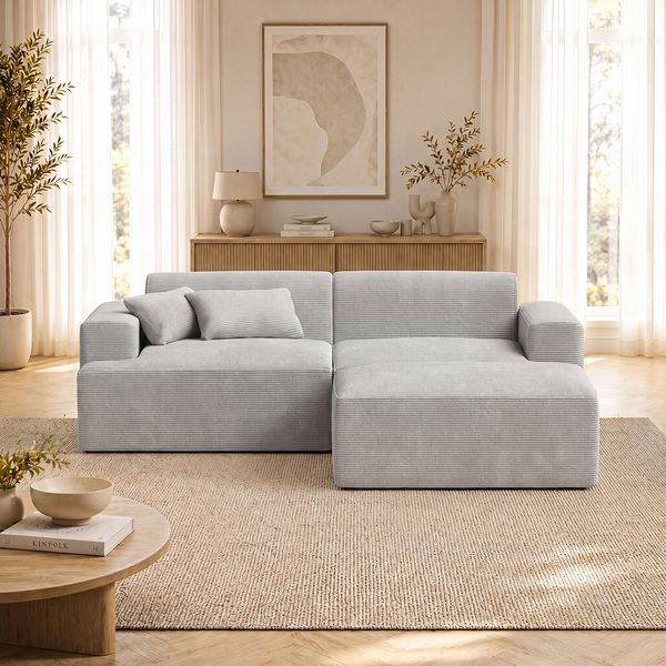 skølm 'Freki' Cloud Sofa 2 Sitzer mit Hocker, Vollschaumcouch mit Federkern und Vakuum-Kompression, kein Aufbau erforderlich, mit 2 Kissen, Cord grau