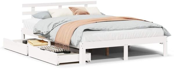 Doppelbett, Betten für Erwachsene, Massivholzbett mit Schubladen Weiß 140x200 cm Kiefer de2607