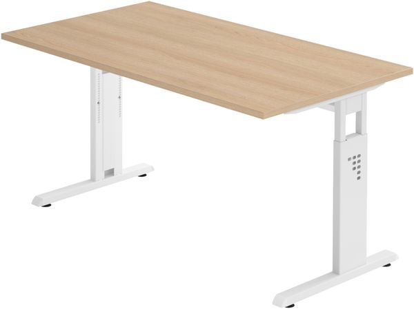 bümö höhenverstellbarer Schreibtisch O-Serie 140x80 cm in Eiche, Gestell in weiß - PC Tisch für's Büro manuell höhenverstellbar, Computertisch verstellbar, OS-14-E-W
