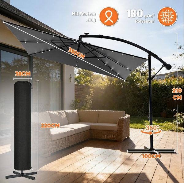 Huracan Sonnenschirm LED Solar Ø 250/300/350cm Ampelschirm mit Kurbel, Ständer, Gartenschirm Balkonschirm UV-Schutz Aluminium wasserdicht 360°neigbar
