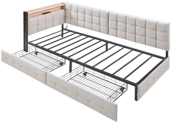 MODFU Schlafsofa mit LED & USB, Polsterbett mit Schubladen, Multifunktionales Kinderbett mit Stauraum 90x200 cm, ohne Matratze