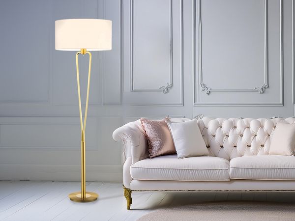 Klassische Stehlampe Messing & Stoff Lampenschirm Weiß mit E27 LED, Höhe 160cm
