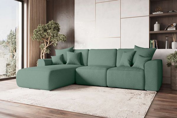 99rooms 'Gusto' Ecksofa, L-Form, mit abnehmbaren Kissen, Rundumbezug aus gepolstertem Strukturstoff 'NEVE', Salbeigrün, Ottomane Links, mit Schlaffunktion