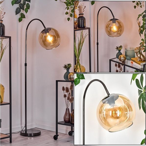 hofstein Bogenlampe Stehlampe aus Metall/Glas in Schwarz/Chrom-/Bernstein im Retro-Design, verstellbare Stehleuchte mit Glasschirmen (25cm) u. Fußschalter, E27