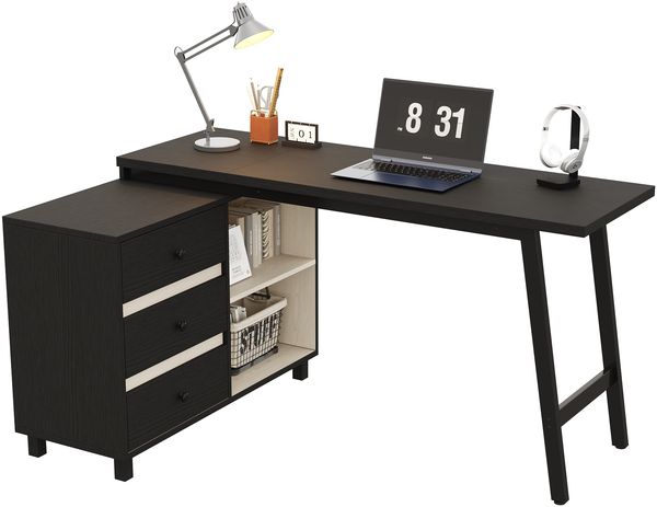 Flieks L-förmiger Schreibtisch 150×100×76 cm, Eckschreibtisch mit 3 Schubladen & 2 offenen Ablagefächern, Schwarz & Weiß