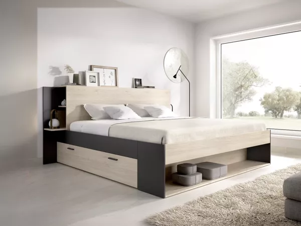 Vente-unique - KEROSIA Bett Holz, Platte SchwarzBeige - B 183,8 cm x H 92 cm x L 220,5 cm
