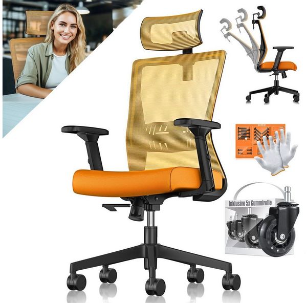 KESSER® Bürostuhl mit verstellbaren Armlehnen | Drehstuhl mit Lendenwirbelstütze Rückenschonend | Schreibtischstuhl ergonomisch mit Kopfstütze | Office Chair Wippfunktion bis 125° mit 5x Gummirollen Orange / Schwarz