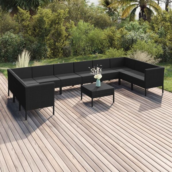 vidaXL 11-tlg. Garten-Lounge-Set mit Auflagen Poly Rattan Schwarz 3094633