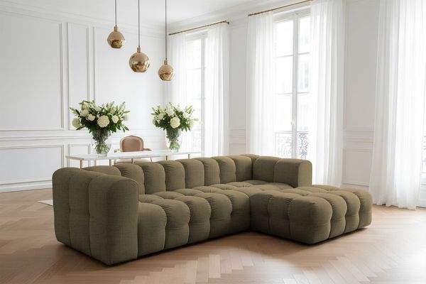 Ecksofa Designersofa SOLVIE in Stoff Moly Moosgrün Ottomane Rechts