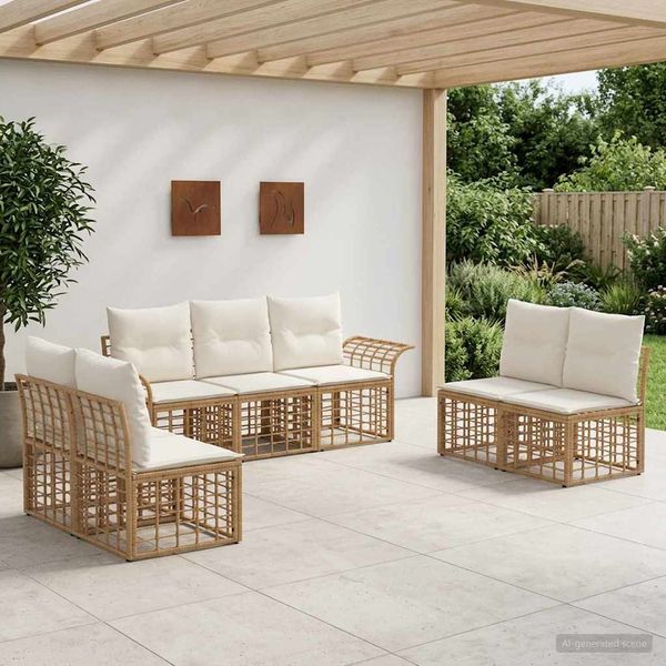 vidaXL Outdoor-Sofagarnitur 7 pcs Natürlich und Cremweiß Polyester 3437668