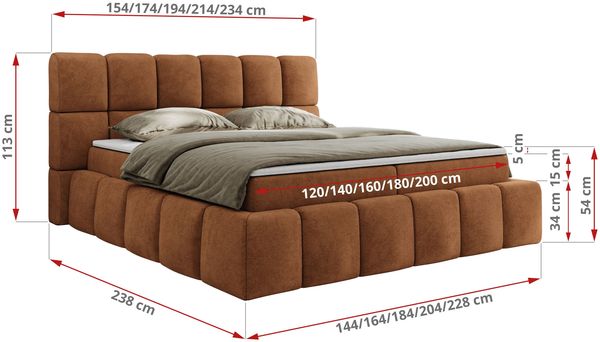 Boxspringbett mit dekorativem Kopfteil, Doppelbett mit zwei 7 Härtezonen Multipocket-Matratzen, Bettkästen, Polsterbett - NIRA - 120 x 200 cm - Orange Struktur - H3 Bild 6