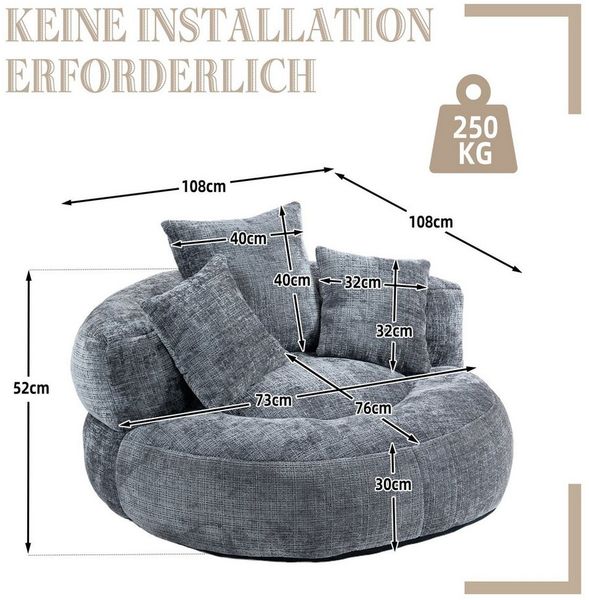 BlingBin Sitzsack Lazy Sofa Lounger hohem Rücken Sitzsack Stuhl Couch mit drei Kissen (1er Set, 1 St, 108 x 108 x 52 cm), für Erwachsene und Kinder, Indoor & Outdoor, Single Gaming Sofa Stuhl