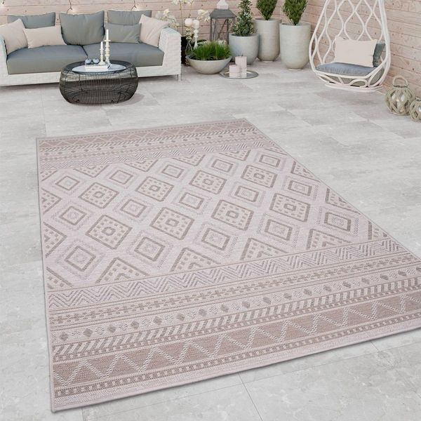 Paco Home In-& Outdoor Teppich Balkon Terrasse Küchenteppich Modernes Boho Ethno Muster, Grösse:160x220 cm, Farbe:Beige 2