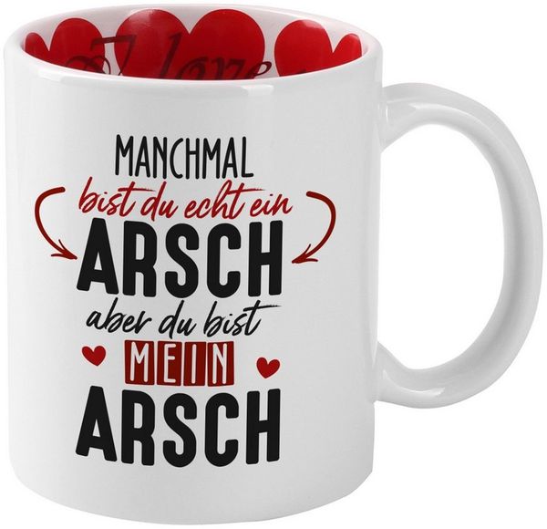 Herz & Heim Tasse mit Liebes-Motiven für Paare & Verliebte als Geschenk zum Valentinstag, innen & außen bedruckt