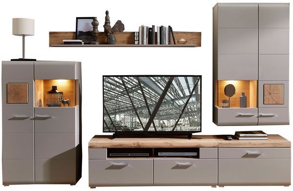 Wohnwand Flensburg / Fun Plus II, Holzwerkstoff, Beige, Grau, Holzfarben, 320 x 205 x 47 cm