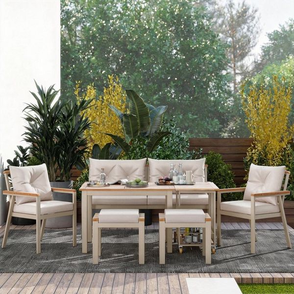 Celya Gartenlounge-Set Esstisch- und Stuhlset aus Akazienholz, Gartenmöbel, (abnehmbarer und waschbarer Stoffbezug, abnehmbarem Esswagen), 6-7-Sitzer-Garten-Esstisch- und Stuhlset mit Sesseln