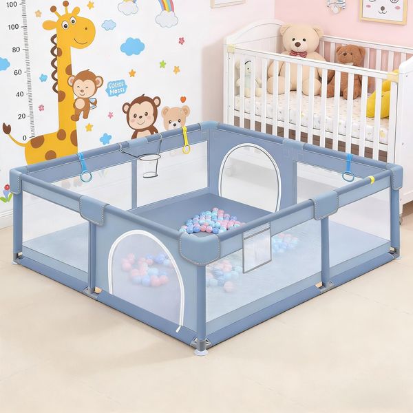 Huracan Laufstall Baby 130 x 130 x 66 cm, kinderlaufstall mit Matte, Baby Playpen Laufgitter aus 210D Oxford Gewebe, Atmungsaktives Netz & Rutschfeste Saugnäpfe, Kinder Spielgitter Indoor Outdoor, Grau