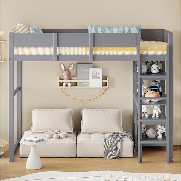 Flieks Hochbett Massivholz Kinderbett 90x200cm mit Tisch und Stauraumregale