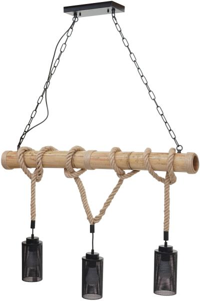Pendelleuchte HWC-H82, Hängelampe Hängeleuchte, Industrial Vintage Bambus Seil Metall schwarz ~ 3x Rohrlampenschirm