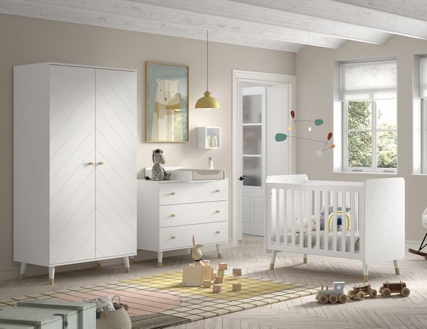 BILLY Babyzimmer-Set, best. aus Kommode, Wickelaufsatz, Babybett 60x120 cm u. Kleiderschrank 2-trg, MDF Satin Weiß lackiert