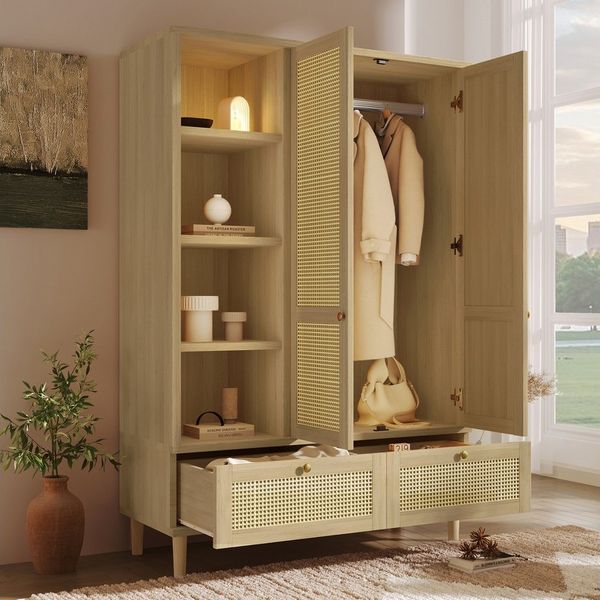 MODFU Kleiderschrank 180x120x50 cm,Schrank mit natürlicher Rattanflecht-Optik in Eiche (Packung, 1-St, Inkl. Kippsicherung für einen stabilen und sicheren Stand) mit 2 Türen, 2 Schubladen, Kleiderstange & 4 offenen Fächern