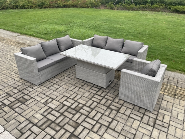 Fimous Polyrattan Gartenmöbel Set mit 2 Sofa; Höhe verstellbar Esstisch und Sessel Outdoor Terrassen Essgruppe Helles Grau Bild 2