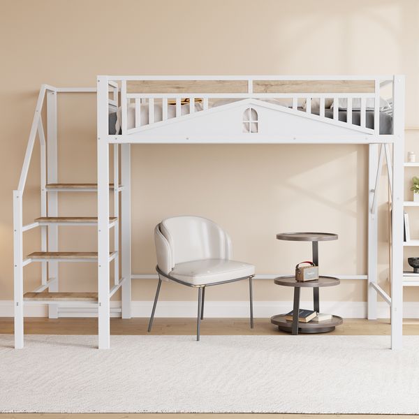 Bett 140x200 cm Metall-Hochbett mit Stauraum und Sicherheitsleiter – erhöhtes Design, weiß