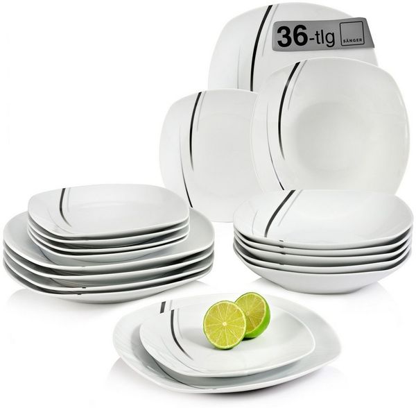 SÄNGER Tafelservice Bilgola Black Lines Geschirrset, Weiß (36-tlg), 12 Personen, Porzellan, Premium Collection