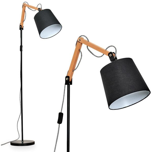hofstein Stehlampe verstellbare Stehlampe aus Holz/Metall/Stoff in Natur/Schwarz/Weiß, ohne Leuchtmittel, runder Schirm (23 cm), Schalter am Kabel, 1x E27, ohne Leuchtmittel